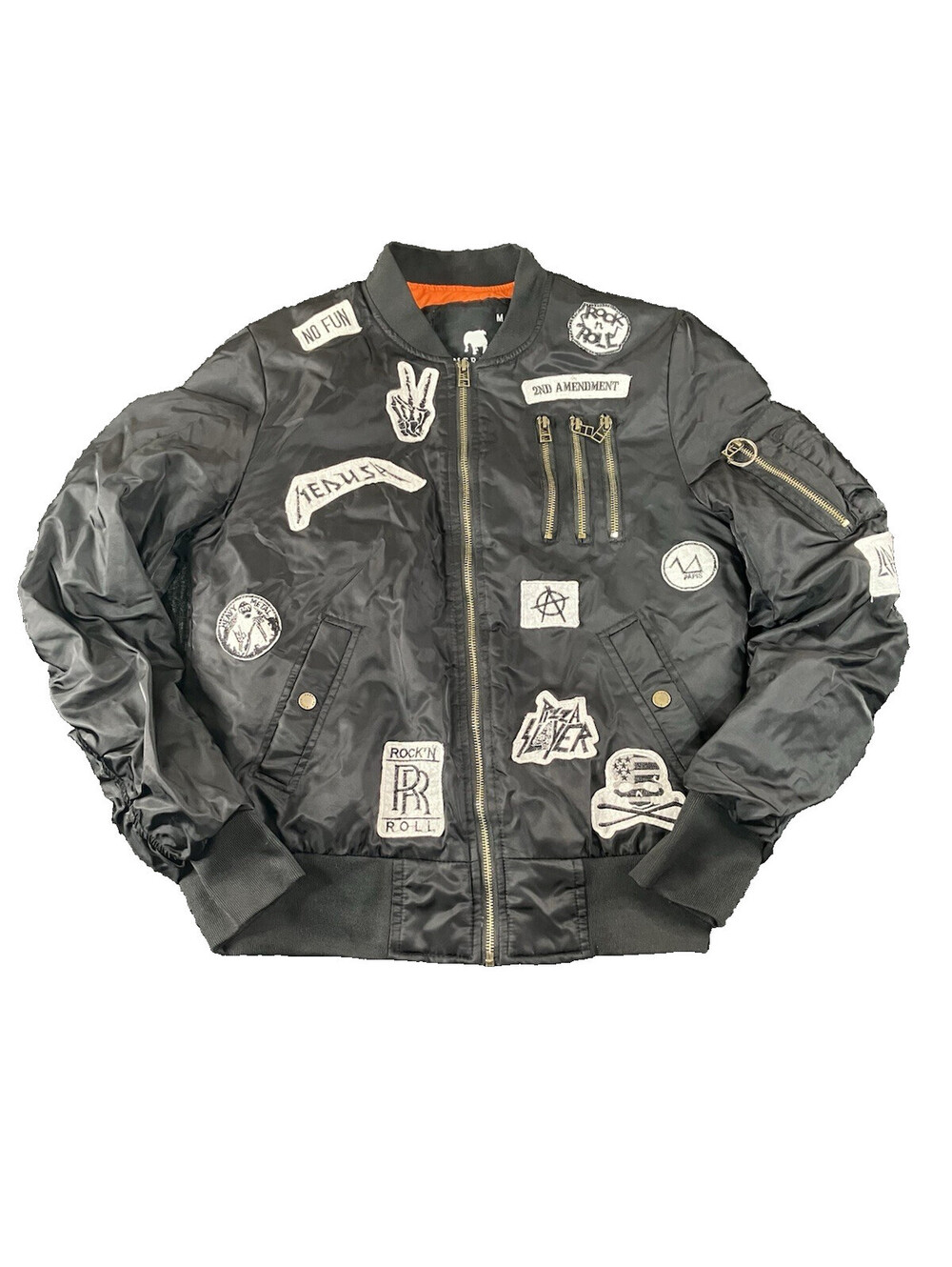 American Stitch Men's Black Bomber Jacket M punk Rock Patches MA-1 Flight Y2K